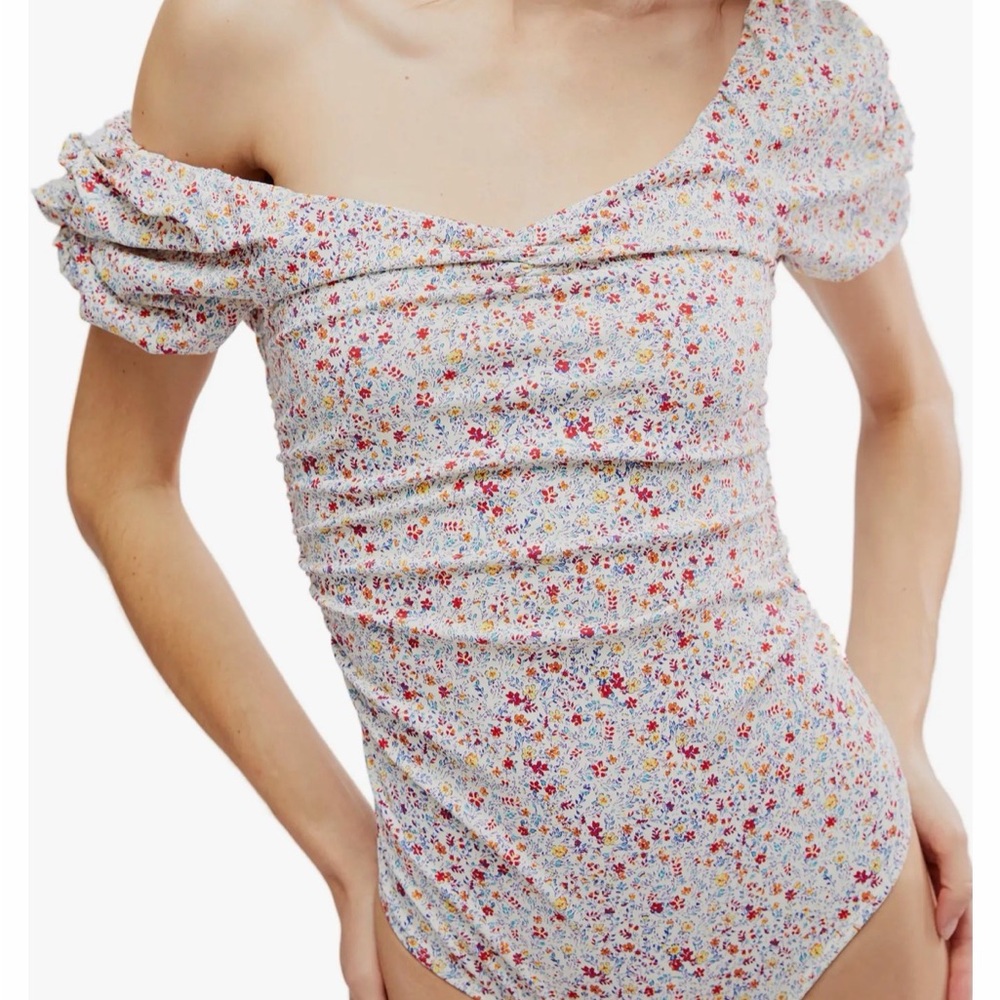 Free People Bella Floral Ruched Puff Sleeve  Bodysuit